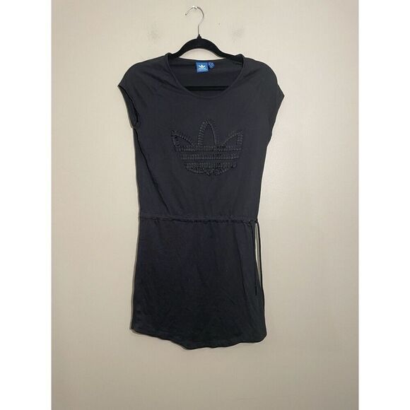 Adidas Shirt Dress Women’s Small Black Trefoil Sleeveless Drawstring Waist Cinch - Picture 2 of 7